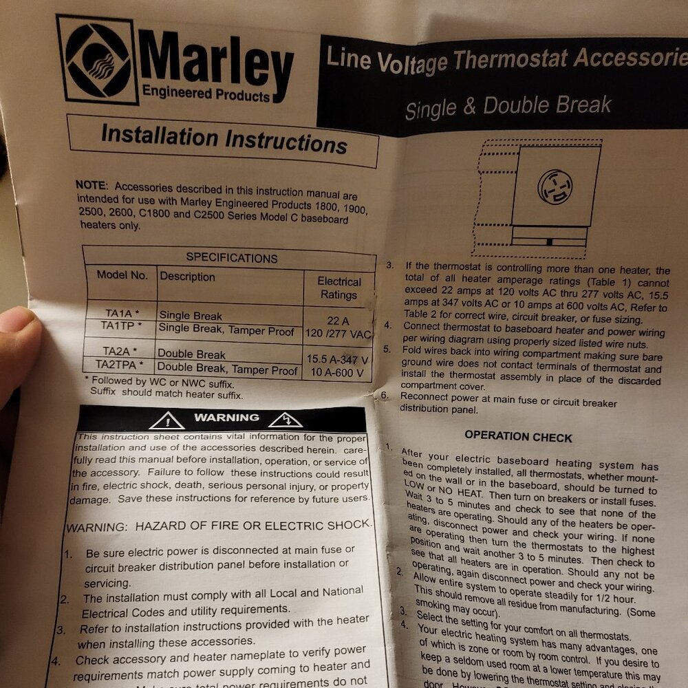 Baseboard Heater Accessory Double Pole